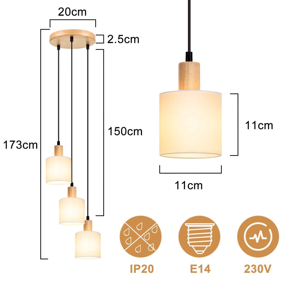 Lampada a sospensione ZMH legno bianco diametro 20 cm E14 stile retr¨° 3 lampadine rotonde per sala da pranzo e cucina
