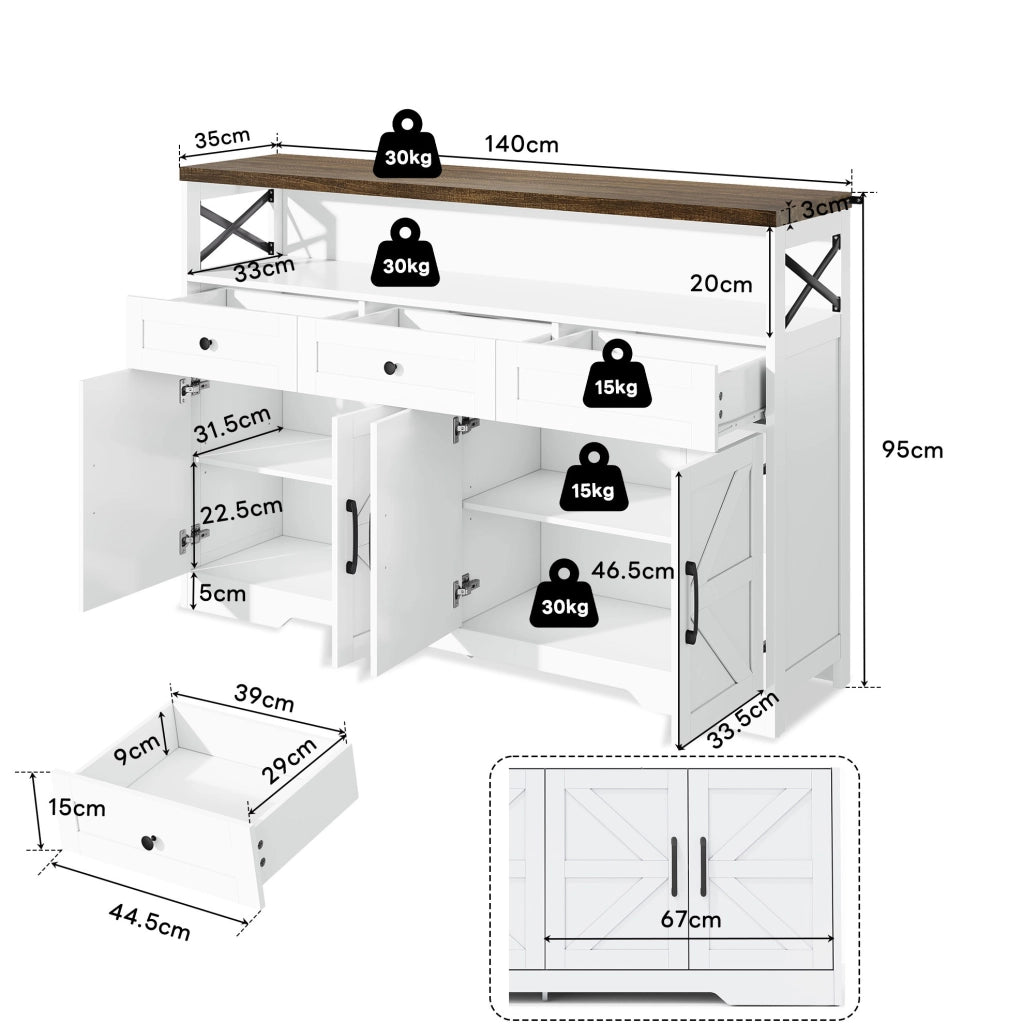 Credenza rustica con 3 cassetti e vani contenitori, 140 cm