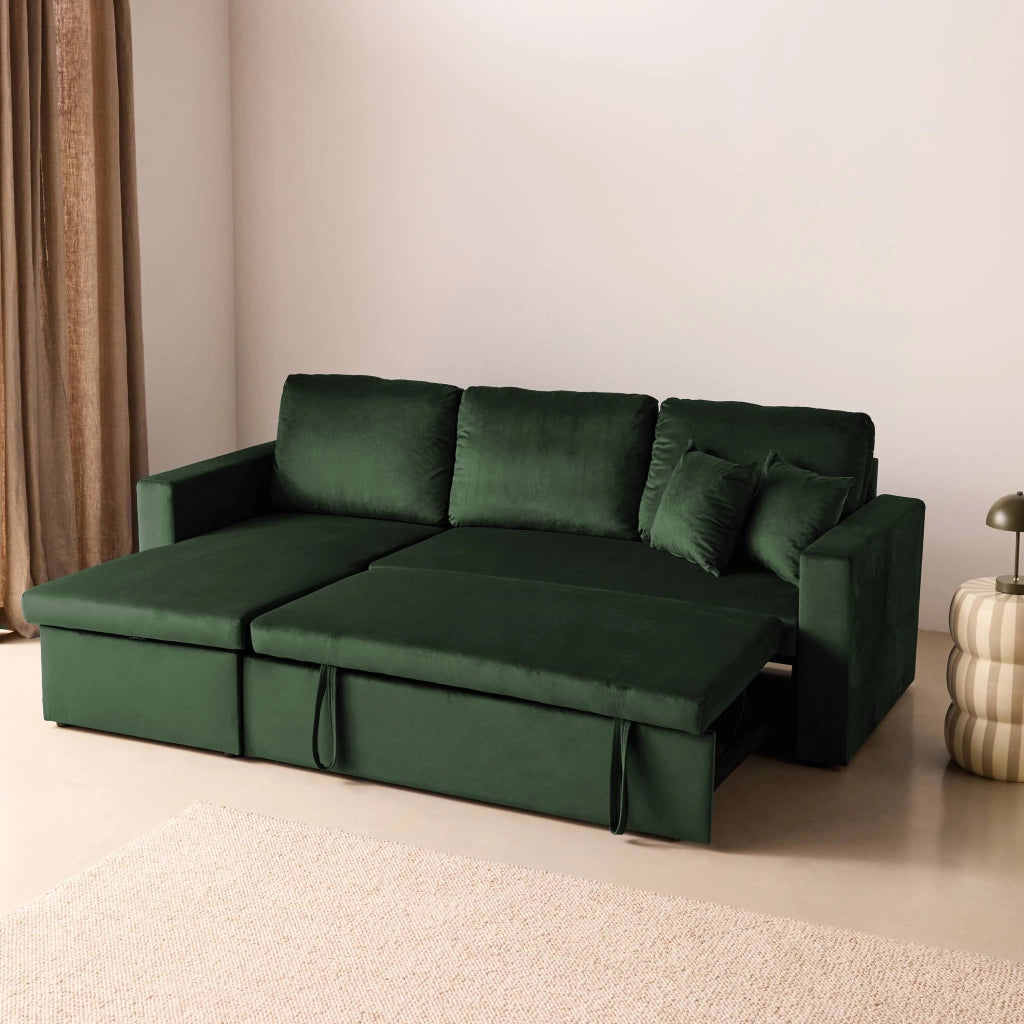 Divano letto angolare reversibile in velluto con contenitore, 3 posti,