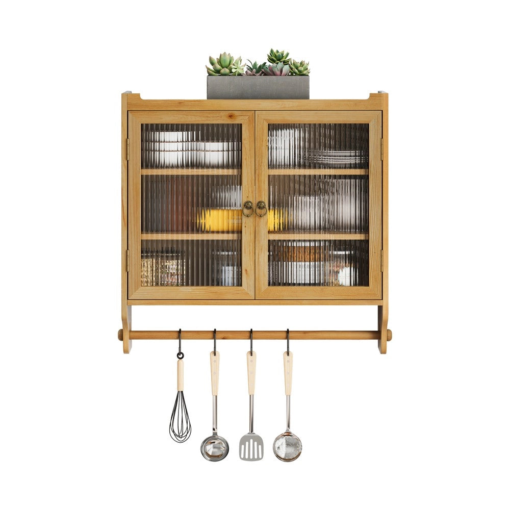 Armadietto Pensile Bagno Vintage con Ante in Vetro e Porta Salviette ¨C MINIMAL ¨C Legno Naturale, 3 Ripiani, 63 cm