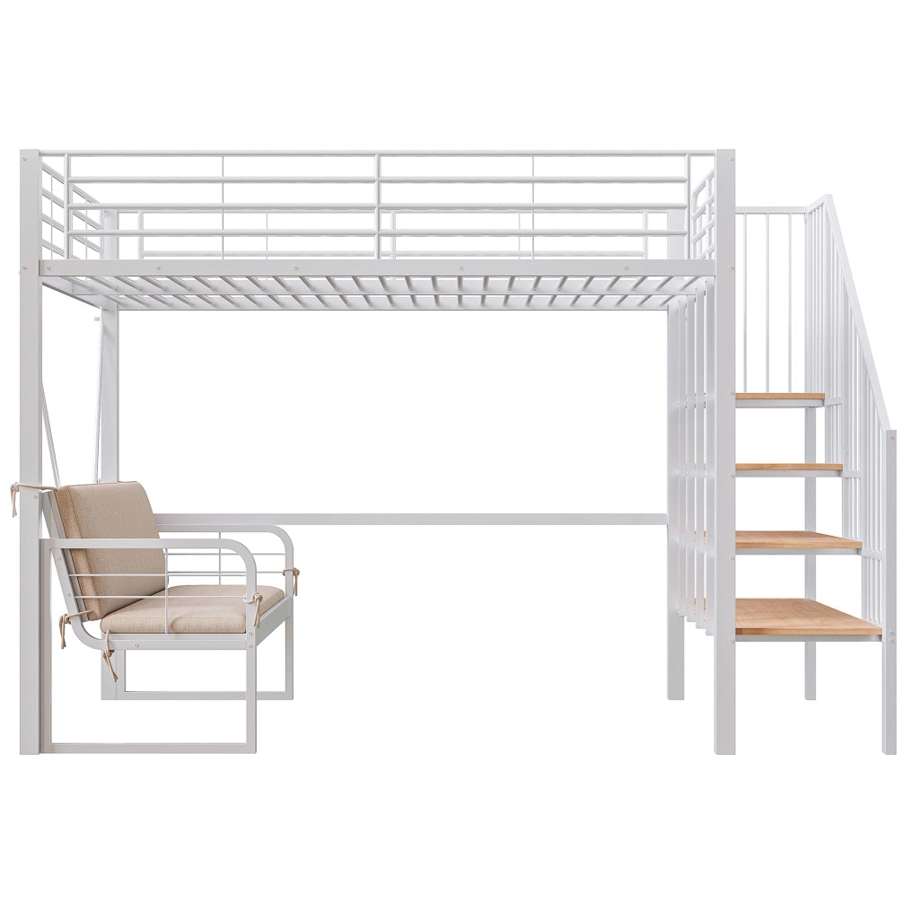 DESMIU Letto a castello 140 × 200 cm 3 posti con scala contenitore e divano sfoderabile, senza materasso, bianco