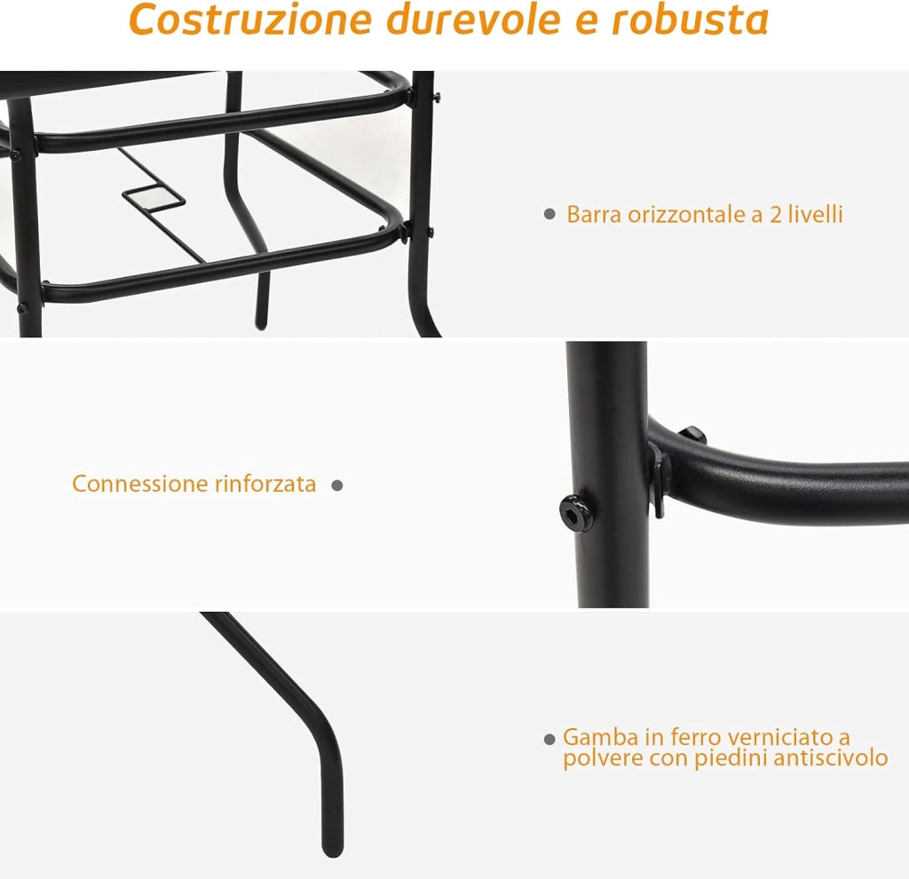 Tavolo Quadrato da Giardino, Tavolino in Ferro con Superficie in Vetro, Tavolo da Esterno per Cortile Giardino Balcone, Nero