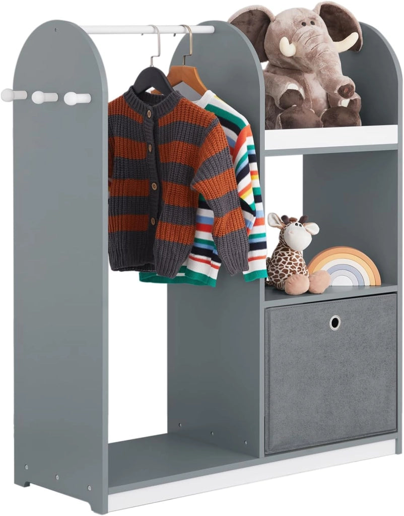 Armadio Cameretta Armadio Bambini con 3 Scomparti, Contenitore Tessuto e 3 Ganci Laterali Guardaroba con Appendiabiti per Bambini Grigio 97x35x108 KMB40-HG