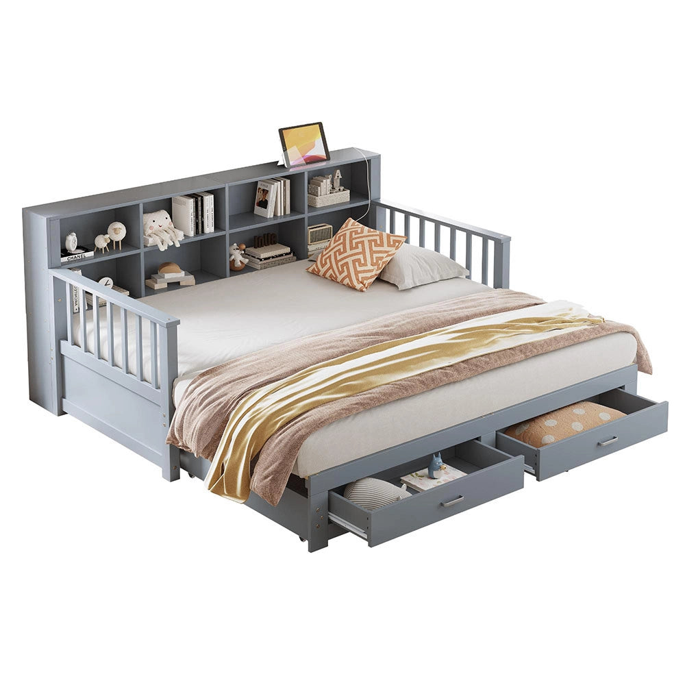 Divano letto estensibile 90/180x190cm - Xylo - grigio, 2 cassetti, doghe