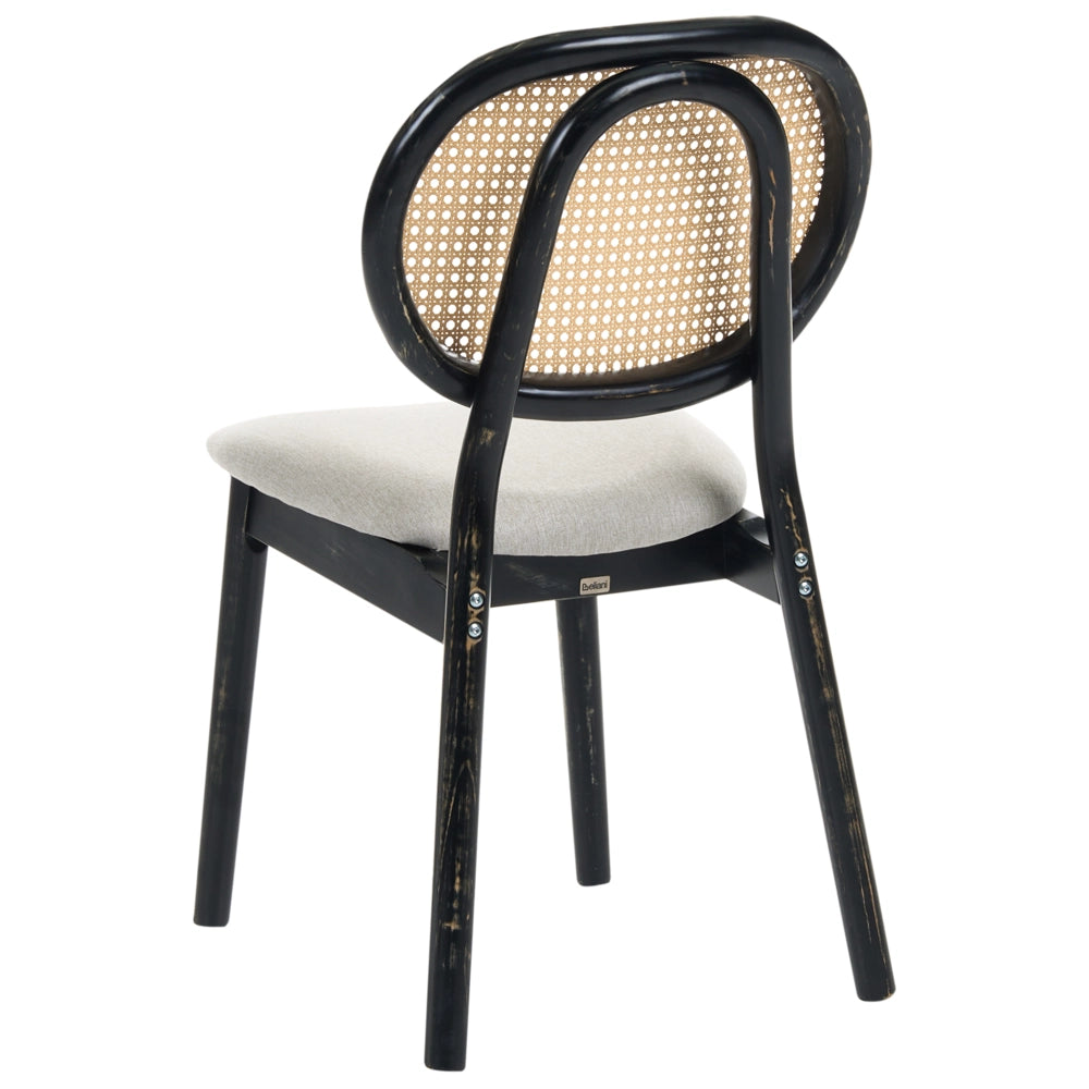 Set di 2 sedie da pranzo con struttura in legno e rivestimento in tessuto nero e beige, schienale ovale con intreccio viennese, stile Japandi
