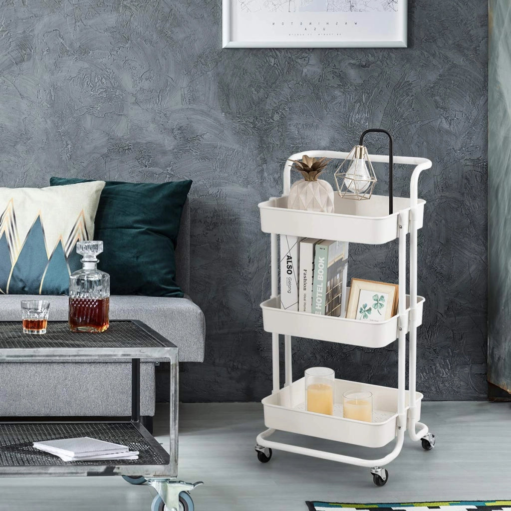 Carrello con 3 cesti e Maniglia, Carrello Multifunzione con Ruote, 87 x 35 x 42 cm，Nero/Bianco (Bianco)