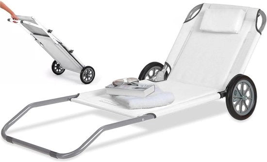 Beach Chair Opvougbile con Ruote e Regolazione in Acciaio e Tessuto Poliestere, Incluso Supporto Cervicale - Bianco.