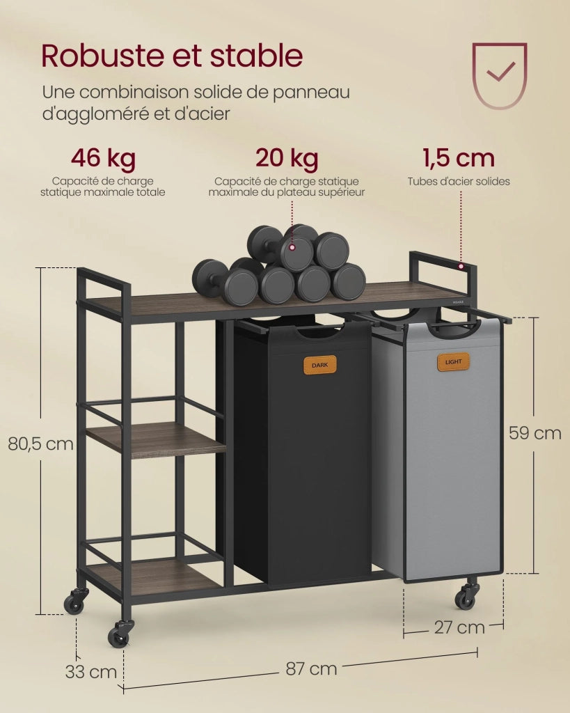 Cesto portabiancheria con 2 scomparti capacità 100 litri cestino con ruote carrello con ripiani sacco e tasche estraibili 6 etichette marrone nero grigio 12_0006651