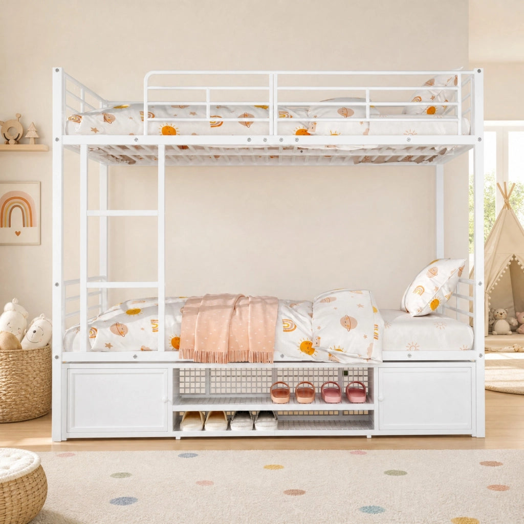 LETTO a castello 90x200 cm in metallo bianco con scala e scarpiera