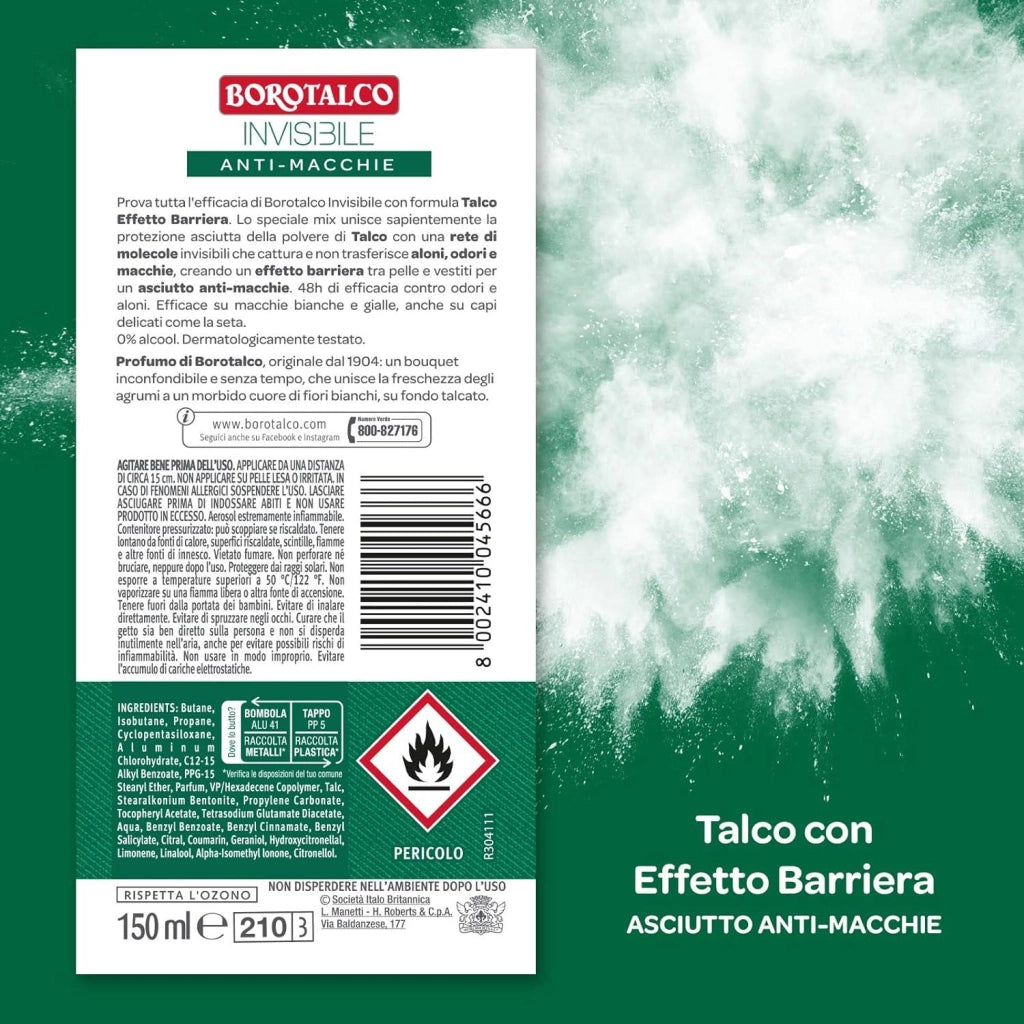 BOROTALCO DEODORANTE SPRAY INVISIBILE VERDE NO ALCOOL CON TALCO EFFETTO BARRIERA 48H 150 ML