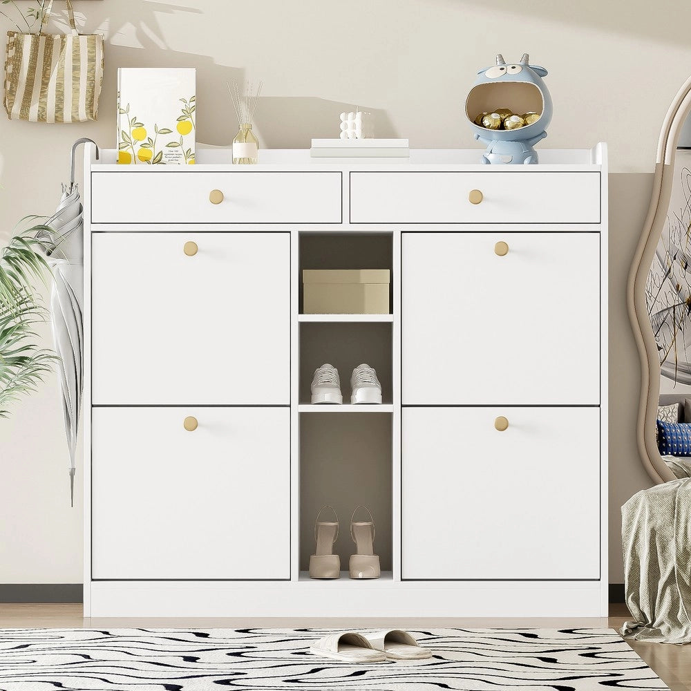 Scarpiera con 4 Ante Ribaltabili, 2 Cassetti e 3 Ripiani ¨C MINIMAL ¨C Bianco, 110x26x100 cm