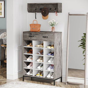 Mobile Ingresso con Scarpiera 15 Paia e Appendiabiti da Parete Grigio