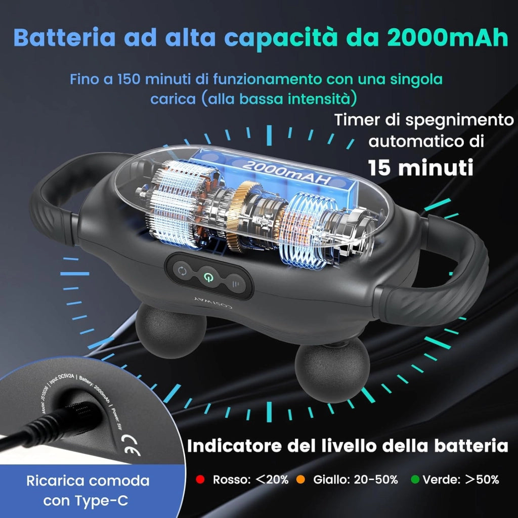 Pistola Massaggiante Muscolare, Massaggiatore Elettrico Multifunzione con 3 Teste di Massaggio Intercambiabili, 3 Modalità, 3 Intensità e Timer da 15 Minuti, Massaggiatore Portatile