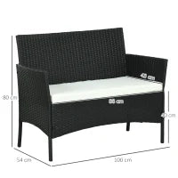 Divano da Giardino a 2 Posti con Cuscino e Braccioli in Rattan PE e Acciaio, 100x54x80cm, Nero