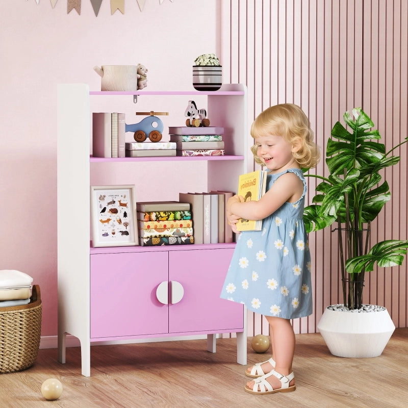 Libreria per bambini, 2 ripiani, 2 ante, autoportante, design antiribaltamento, piedini antiscivolo, MDF, rosa+bianco