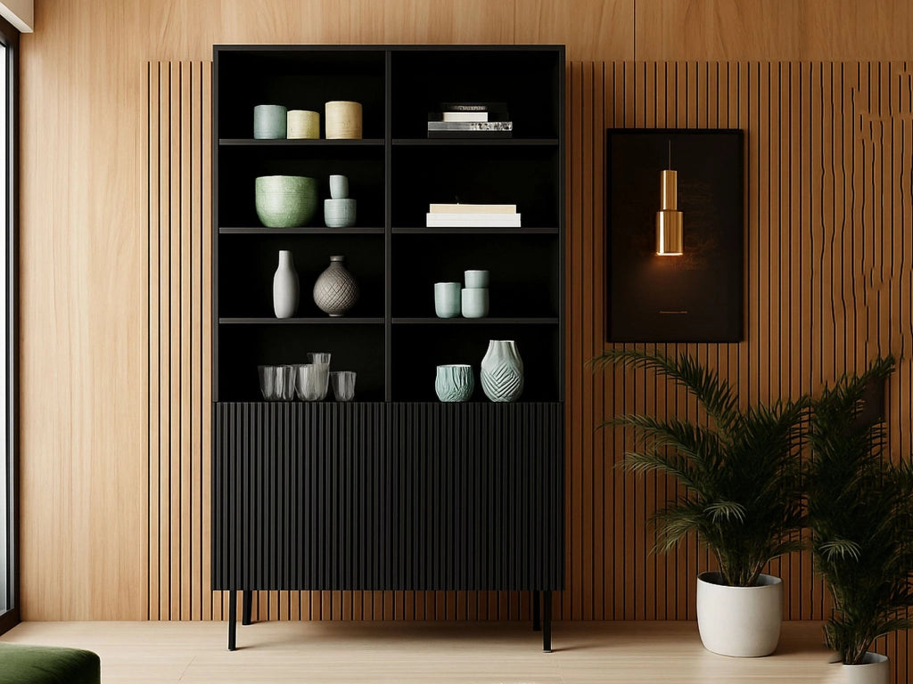 Libreria Ghilarza, Mobile portalibri con vani aperti e due ante, Rialzato da terra, 100x42 h177 cm, Nero