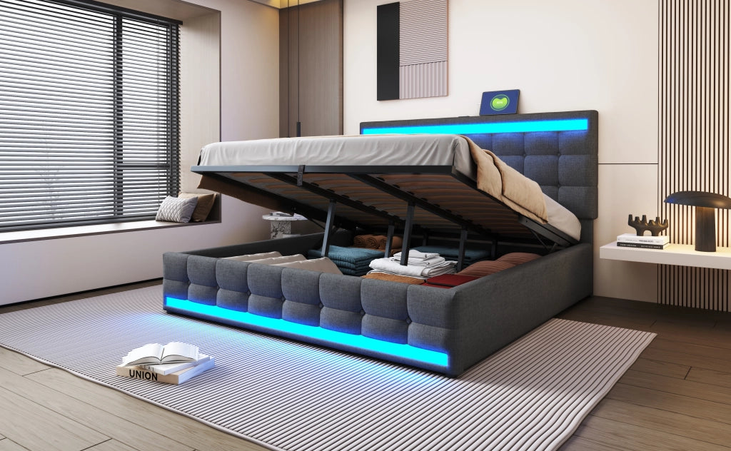 DESMIU Letto Adulto 180 × 200 cm 2 Posti con LED Regolabile, USB e Testiera Regolabile, Senza Materasso, Grigio