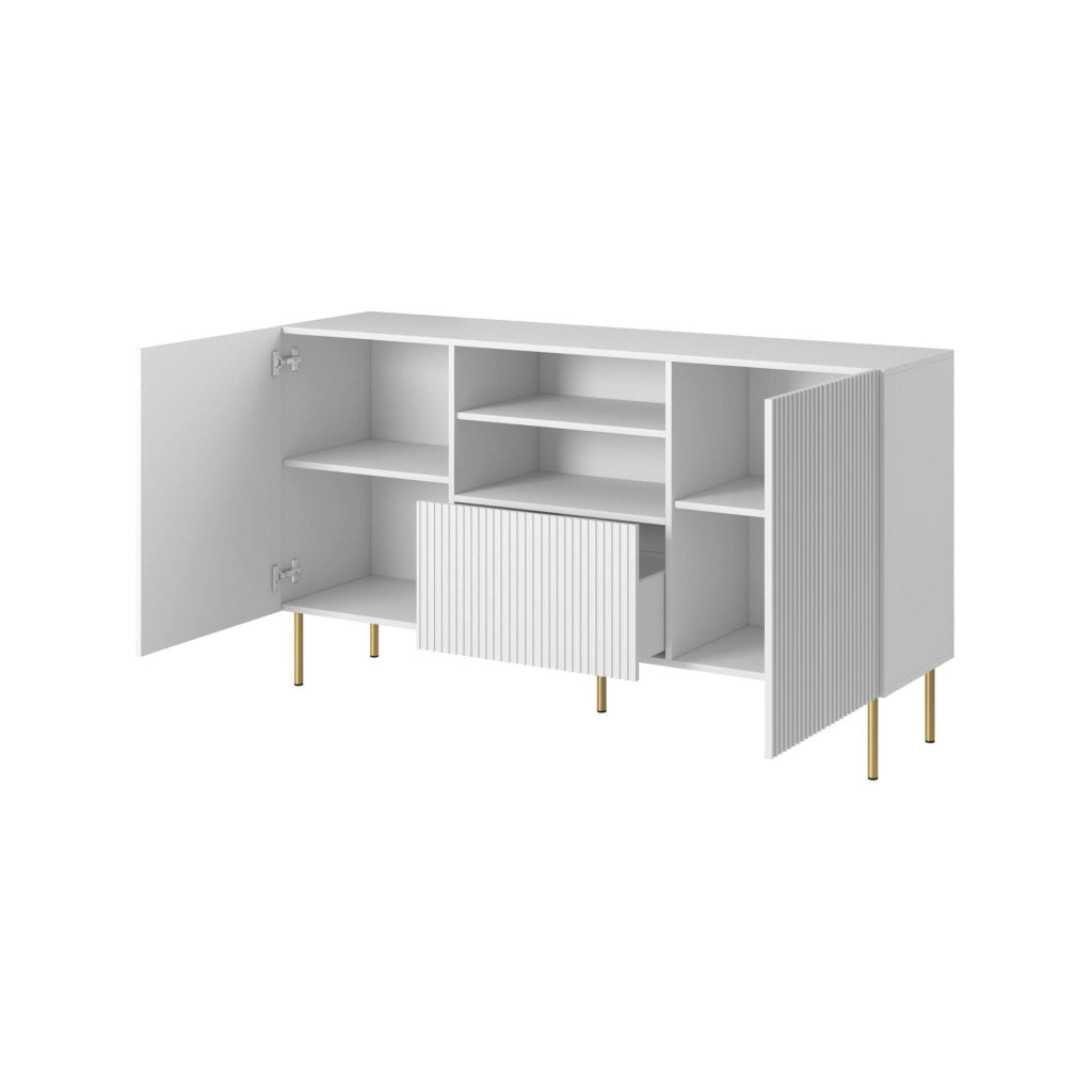 Credenza Stornara, Madia da salotto con due ante battenti, un cassetto e due vani aperti, Design con effetto cannettato, 150x42 h82 cm, Bianco