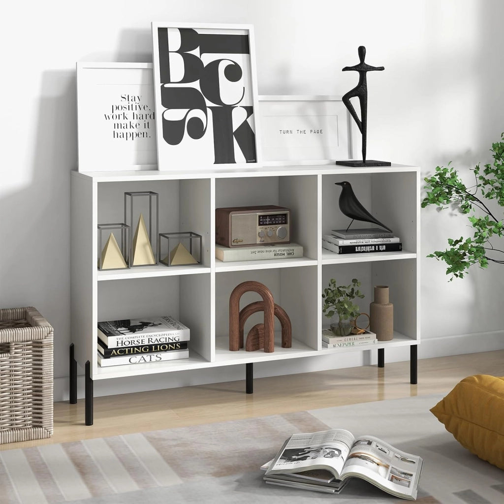 Scaffale a 6 Cubi, Libreria Aperta in Legno con Gambe Metalliche, Ripiani Regolabili in 5 Posizioni, Dispositivo Antiribaltamento, Scaffale per Casa e Ufficio, 120 x 35 x 79,5 cm (Bianco)