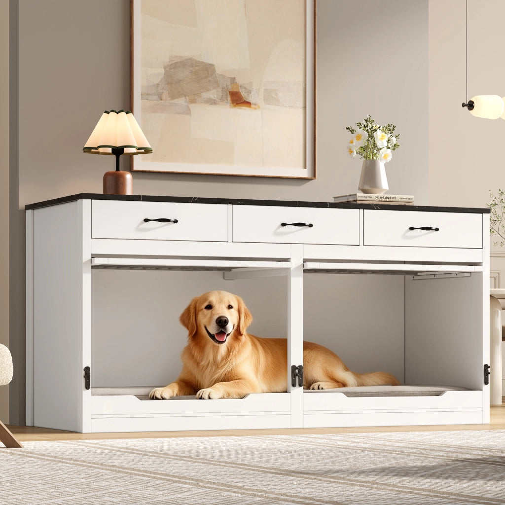 Cuccia per cani in legno e metallo con sportello ribaltabile, divisorio removibile e 3 cassetti, bianco e nero
