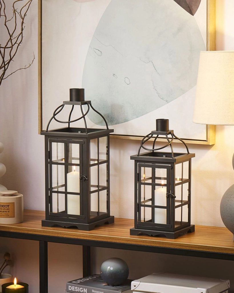 Lanterna in metallo ferro Nero 42 cm portacandele a colonna porte in vetro elemento decorativo per interni