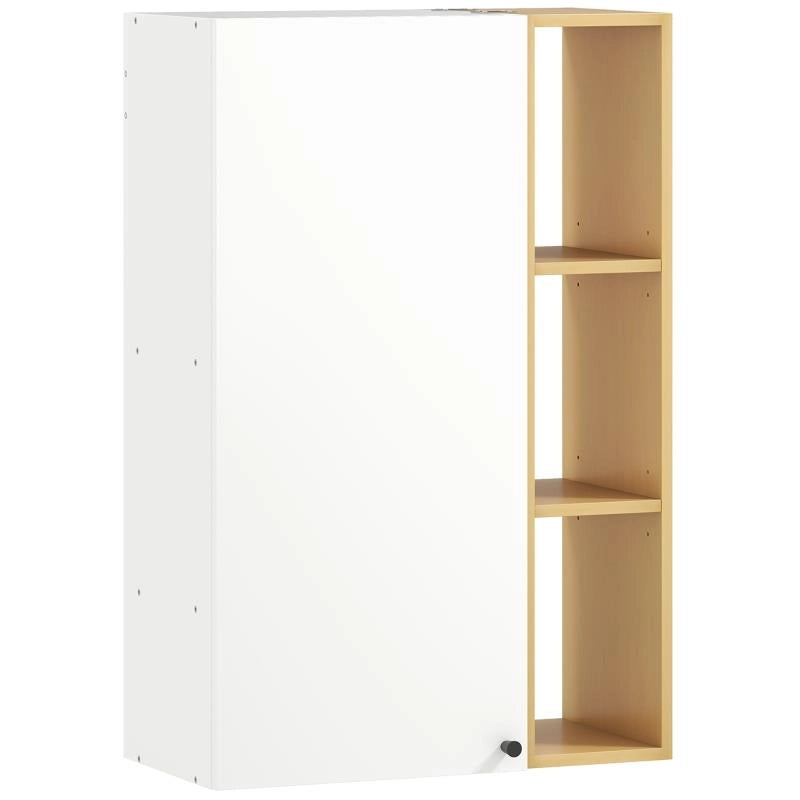 ARMADIETTO BAGNO A PARETE CON RIPIANI REGOLABILI E 3 MENSOLE APERTE, 59.5X30X90 CM, BIANCO E LEGNO