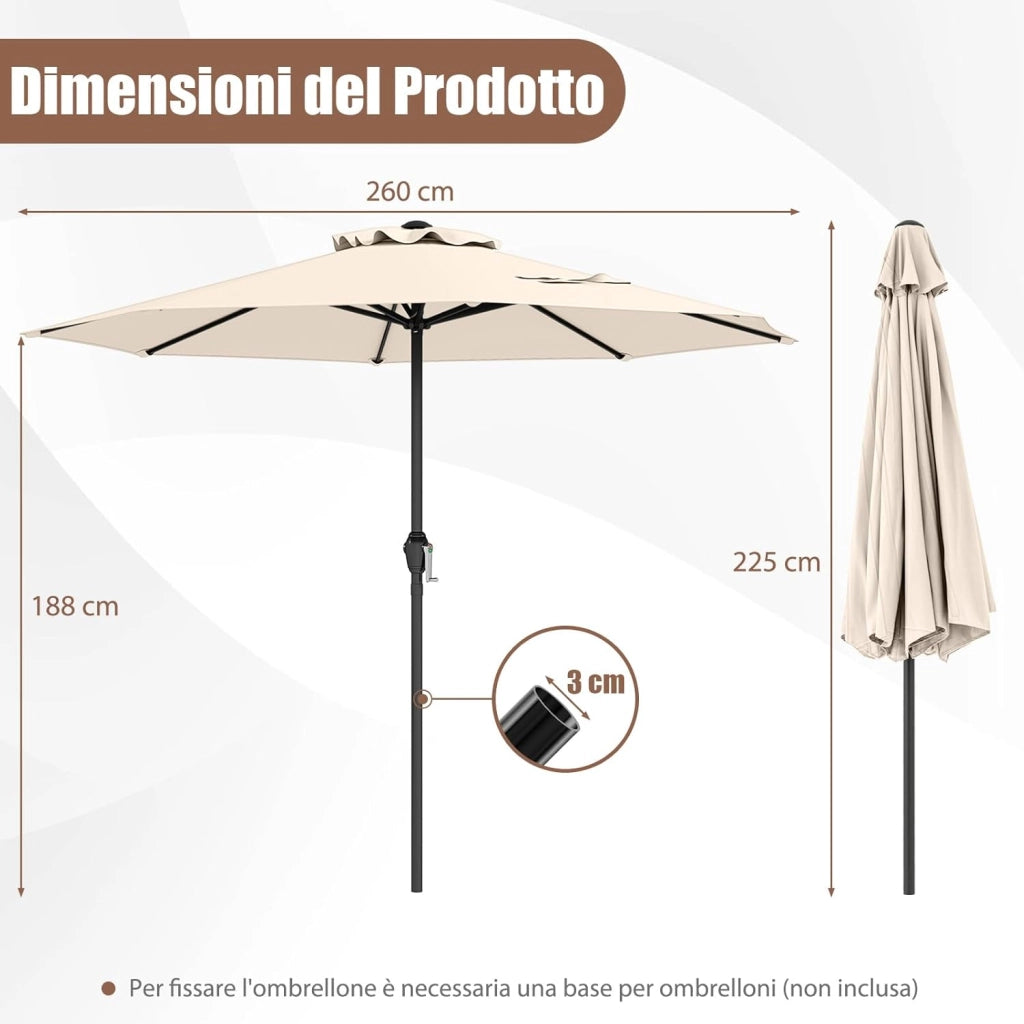 Ombrellone da Giardino 260 cm, Ombrellone con Manovella e 8 Stecche, Tettuccio Ventilato, per Cortile Piscina Giardino (Beige, 260 cm 8 Stecche)
