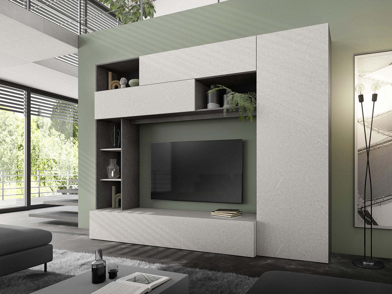 Parete Attrezzata Design Contemporaneo 277x40x210 cm Pratiko Ghisa e Pietra