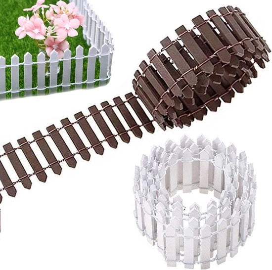 Miniatura di recinzione, 2 pezzi, 90 x 5 cm, recinzione per giardino, recinzione in legno, decorativa miniatura di recinzione, accessori per decorazione di giardino DIY (bianco, marrone)