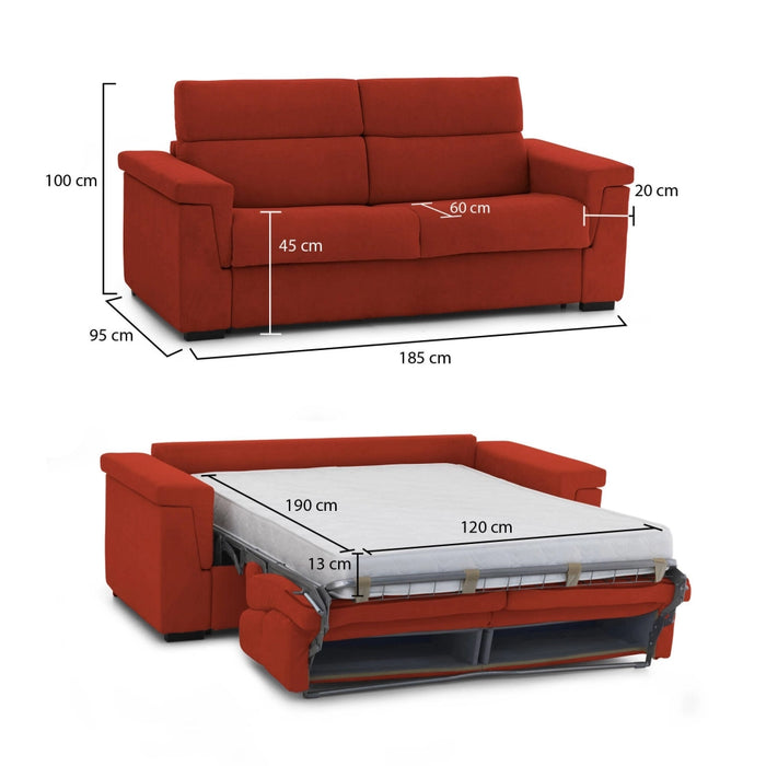 Tenna, Divano Letto 2 Posti Sfoderabile Made in Italy, 185x95 cm Arancione