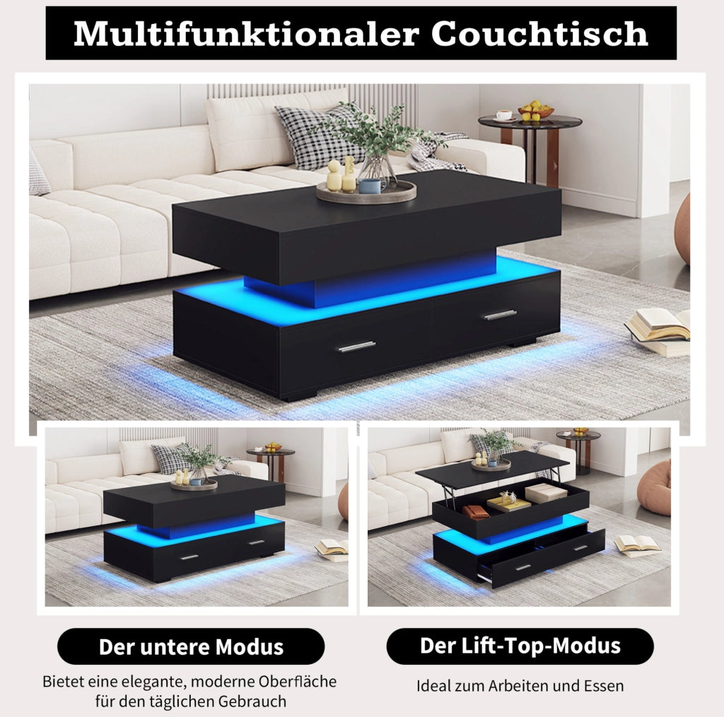 Tavolino da salotto sollevabile 100x50x44 cm in truciolare nero con LED e 2 cassetti