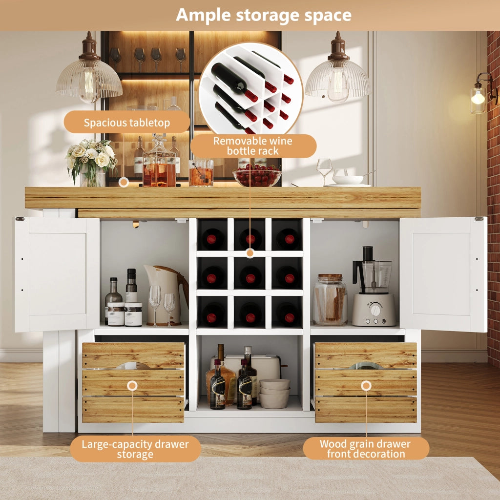 Tavolo da pranzo estensibile con madia, piano girevole a 360°, 1 cassetto e portabottiglie, per cucina, in MDF, bianco