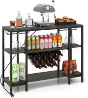 Portabottiglie Per 15 Bottiglie, Portabottiglie a 3 Livelli Con Supporto In Vetro, Tavolo Da Vino Con 2 Porte USB e 2 Prese, Armadietto Per Vino Industriale Metallo, 113 x 35 x 85 cm