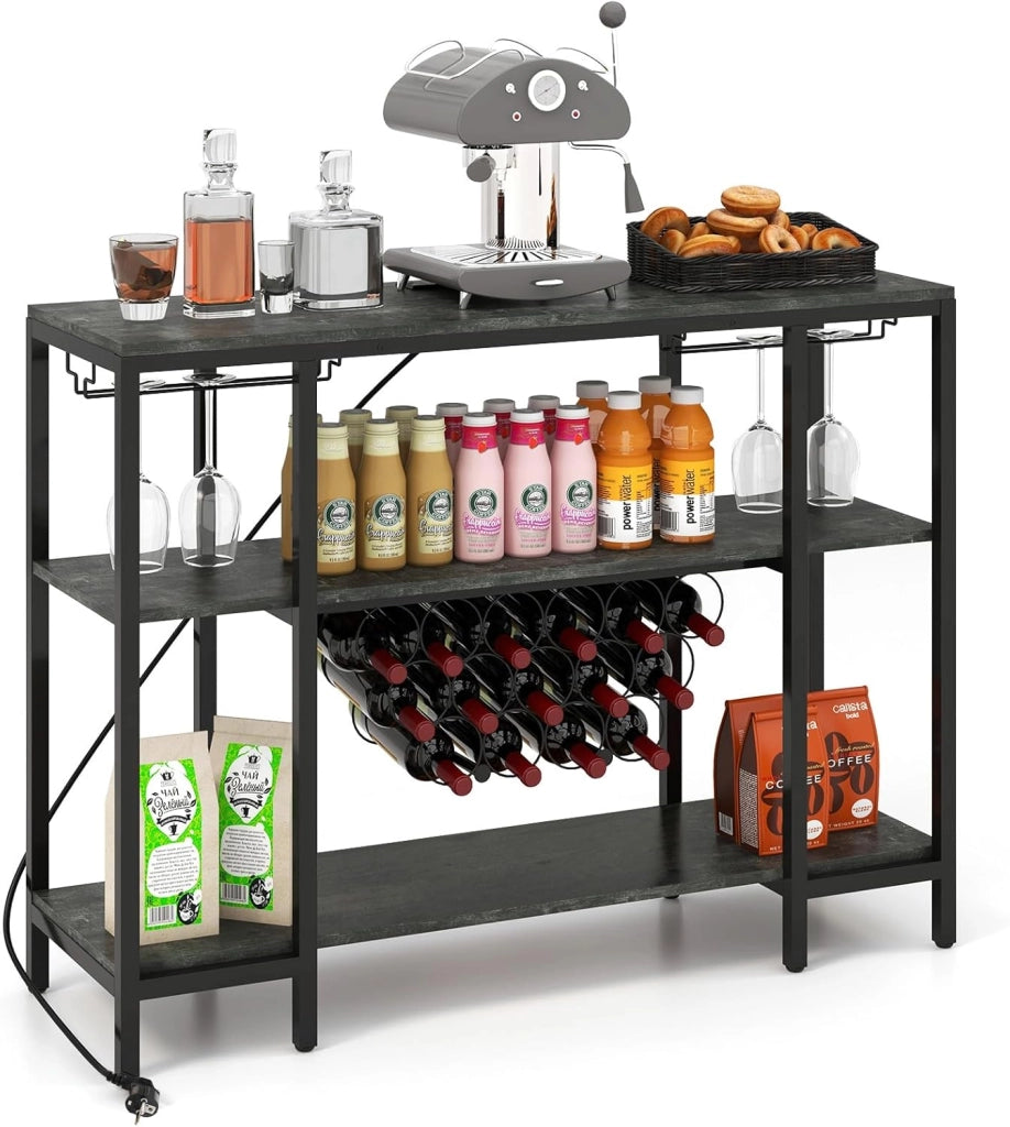 Portabottiglie Per 15 Bottiglie, Portabottiglie a 3 Livelli Con Supporto In Vetro, Tavolo Da Vino Con 2 Porte USB e 2 Prese, Armadietto Per Vino Industriale Metallo, 113 x 35 x 85 cm