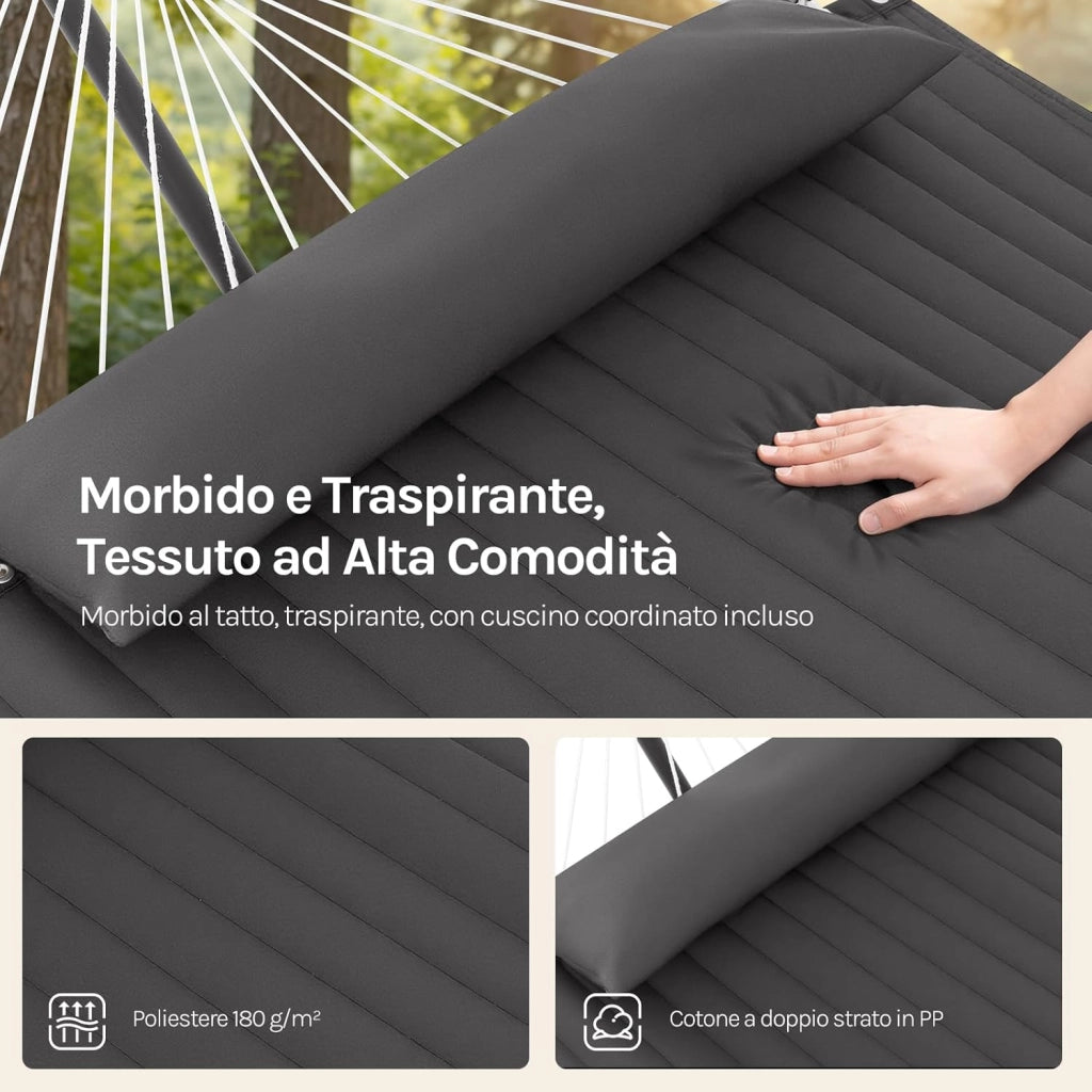 Amaca da Giardino con Supporto, Tasca Laterale e Cuscino, Capacità di Carico 250 kg, Ampia Amaca Doppia per Terrazza, Balcone, Campeggio, Grigio Scuro