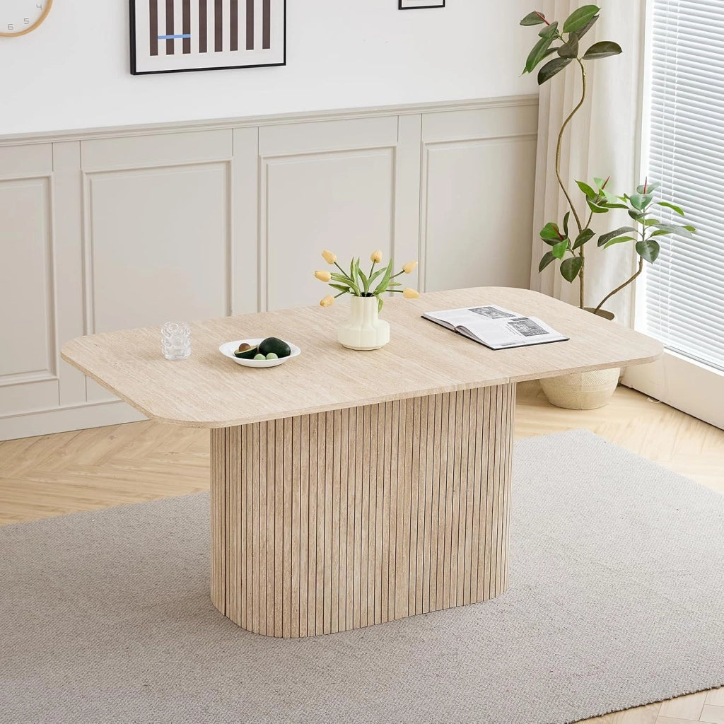 GrandCA HOME Tavolo da Pranzo Rettangolare con Angoli Arrotondati, Tavolo da Pranzo Moderno Cucina da 160 cm con Base in Legno, Ampio Piano di Lavoro in MDF, per 4-8 Persone, Travertino Giallo