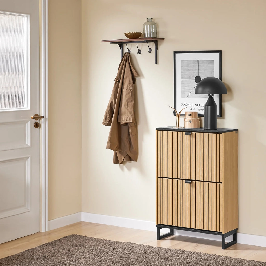 SoBuy Scarpiera Salvaspazio Slim a 2 Ante - Mobile Ingresso Moderno per Scarpe - Mobile Scarpiera da 8-12 Paia, con Struttura Resistente, Effetto Marmo Nero e Legno Chiaro, 60x24x88cm, FSR202-N