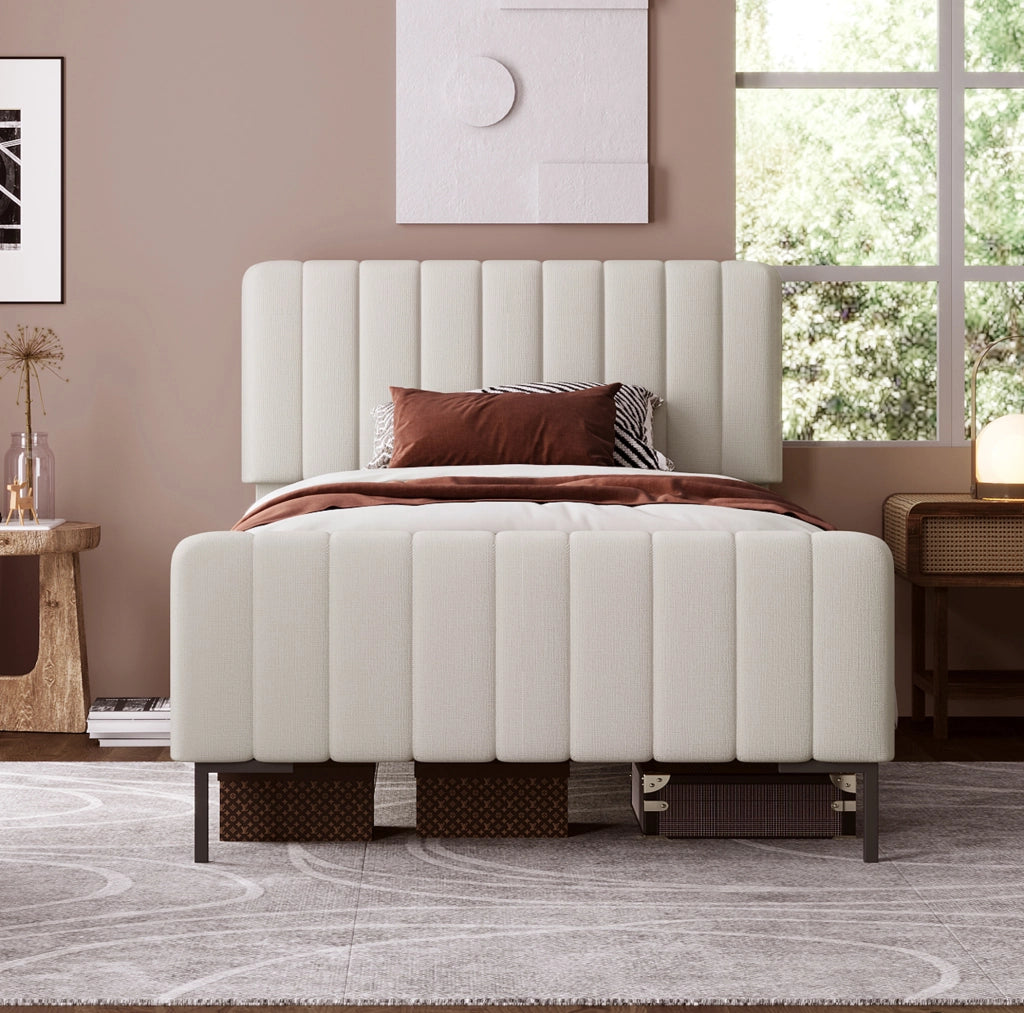 Letto imbottito singolo 90x200 cm con testiera regolabile; lino grigio beige