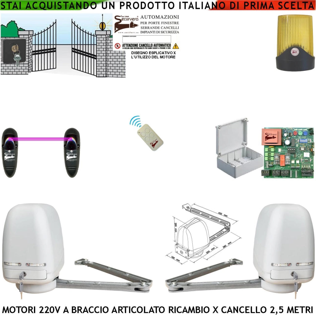 Motori Braccio Snodato Articolato 220 V 250 NM Apricancello Automatico Cancello 5 MT 2 Ante da 0,5 Fino a 2,5 Metri Centrale Radiocomando Fotocellule Selettore