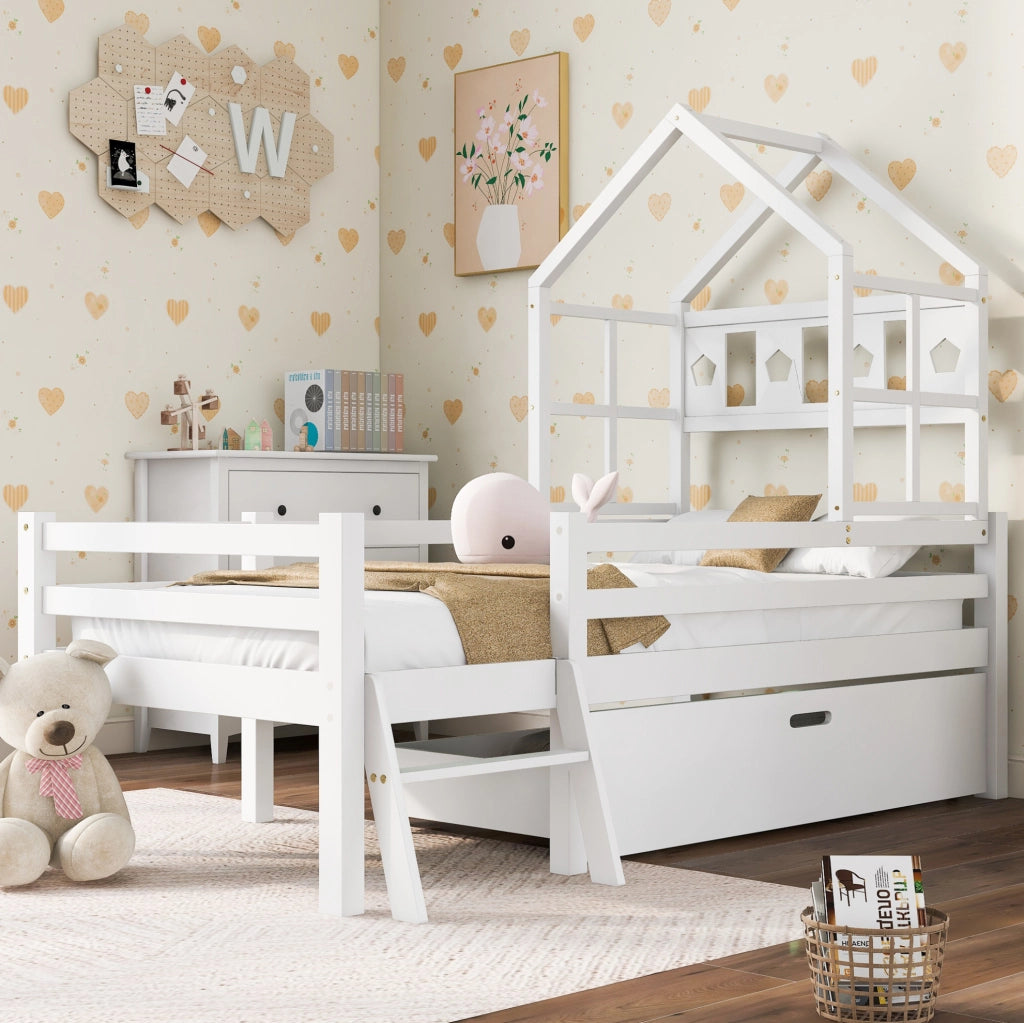 Letto a soppalco per bambini 90x200 cm bianco con scala, cassetto e rete