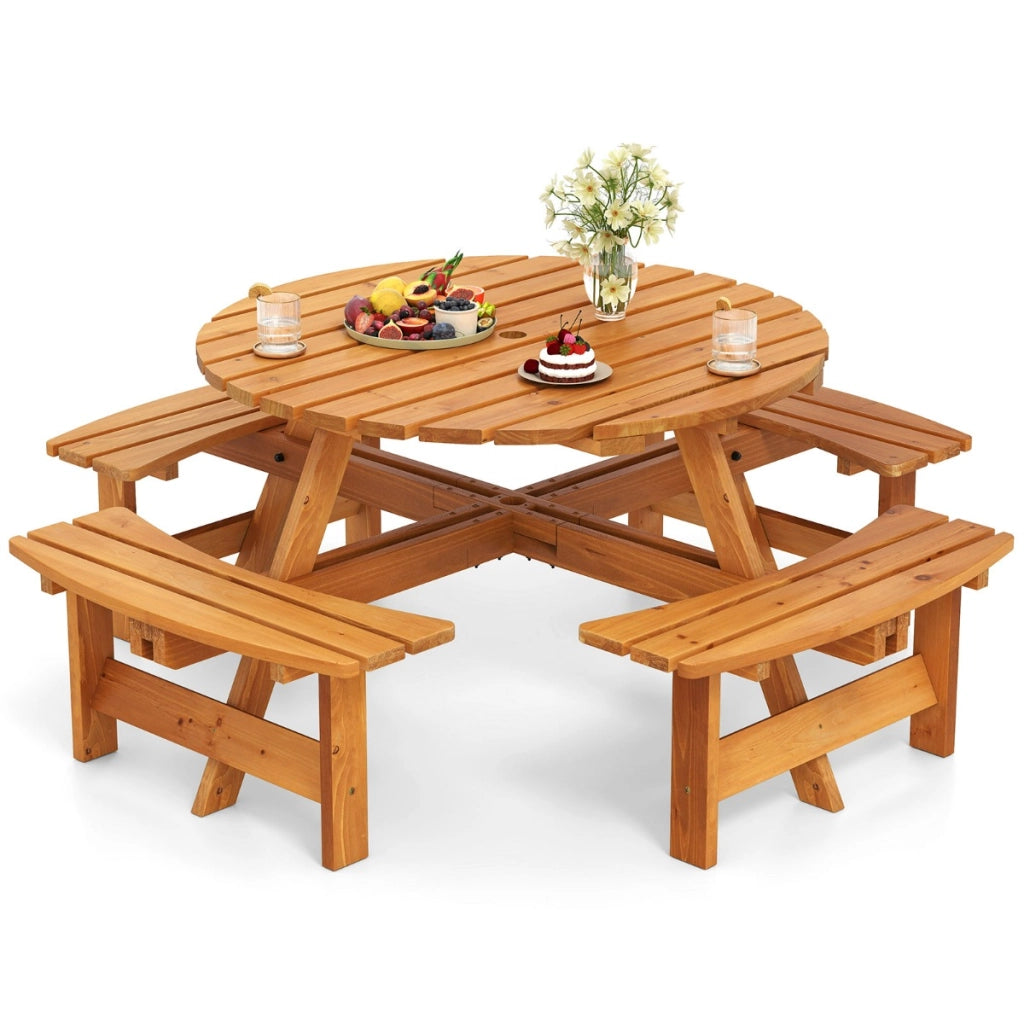 Set tavolo da picnic rotondo per 8 persone, Tavolo da pranzo circolare con 4 panchine Giallo-Tavoli da esterno