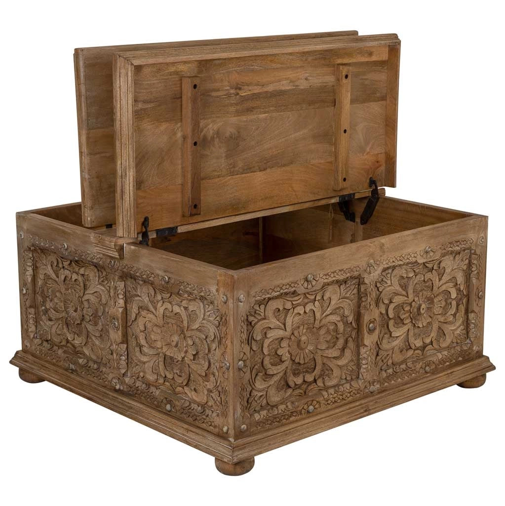 Tavolino baule in legno marrone fatto a mano 100x100x47h