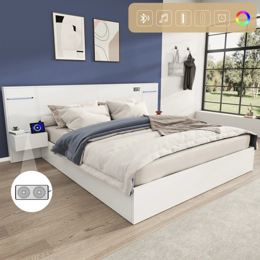 Letto 160x200 cm con Bluetooth; USB-A e USB-C; orologio elettronico e luce colorata; MDF bianco