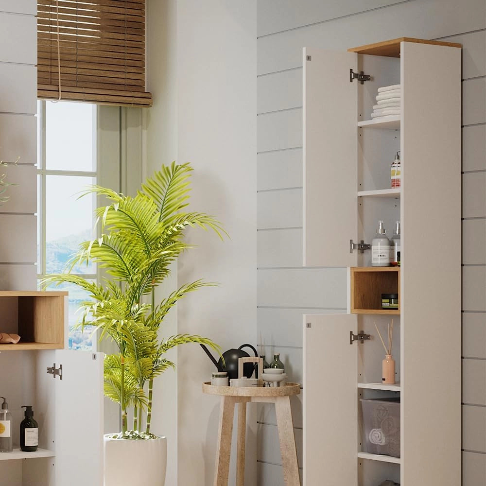 Armadio per il bagno Didi, Bianco/Artisan, 30 x 192 cm con 2 porte, per la conservazione di articoli da bagno e prodotti per la cura personale