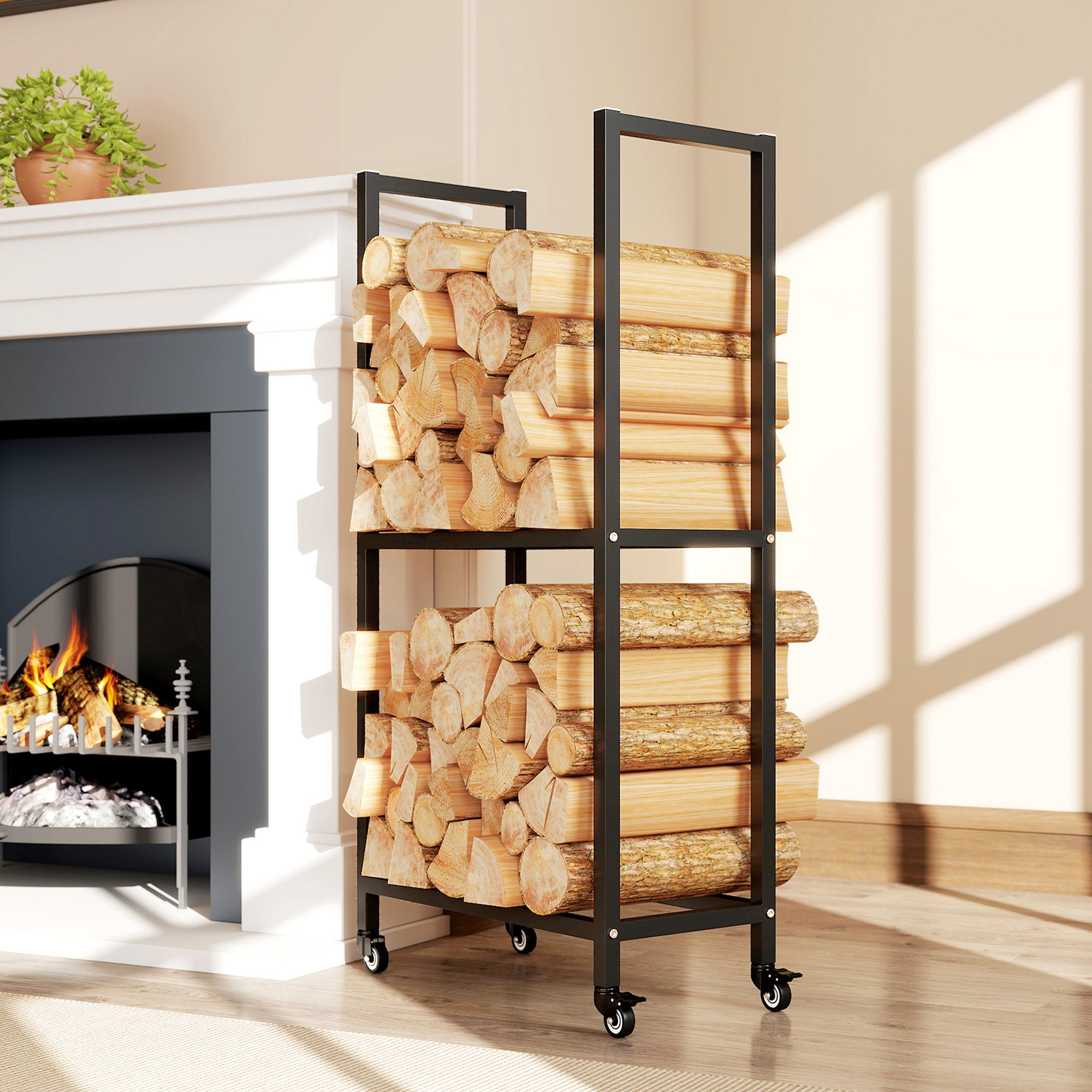 Portalegna da Esterno e Interno 60x30x119 cm a Due Livelli con Ruote in Acciaio Rinforzato Nero