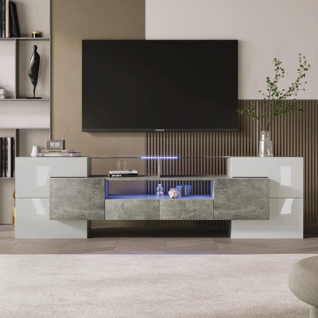 OKWISH Mobile TV con 6 Ante, 2 Cassetti e 3 Vani, LED, MDF, Bianco Lucido e Grigio Cemento, 200 x 35 x 60 cm