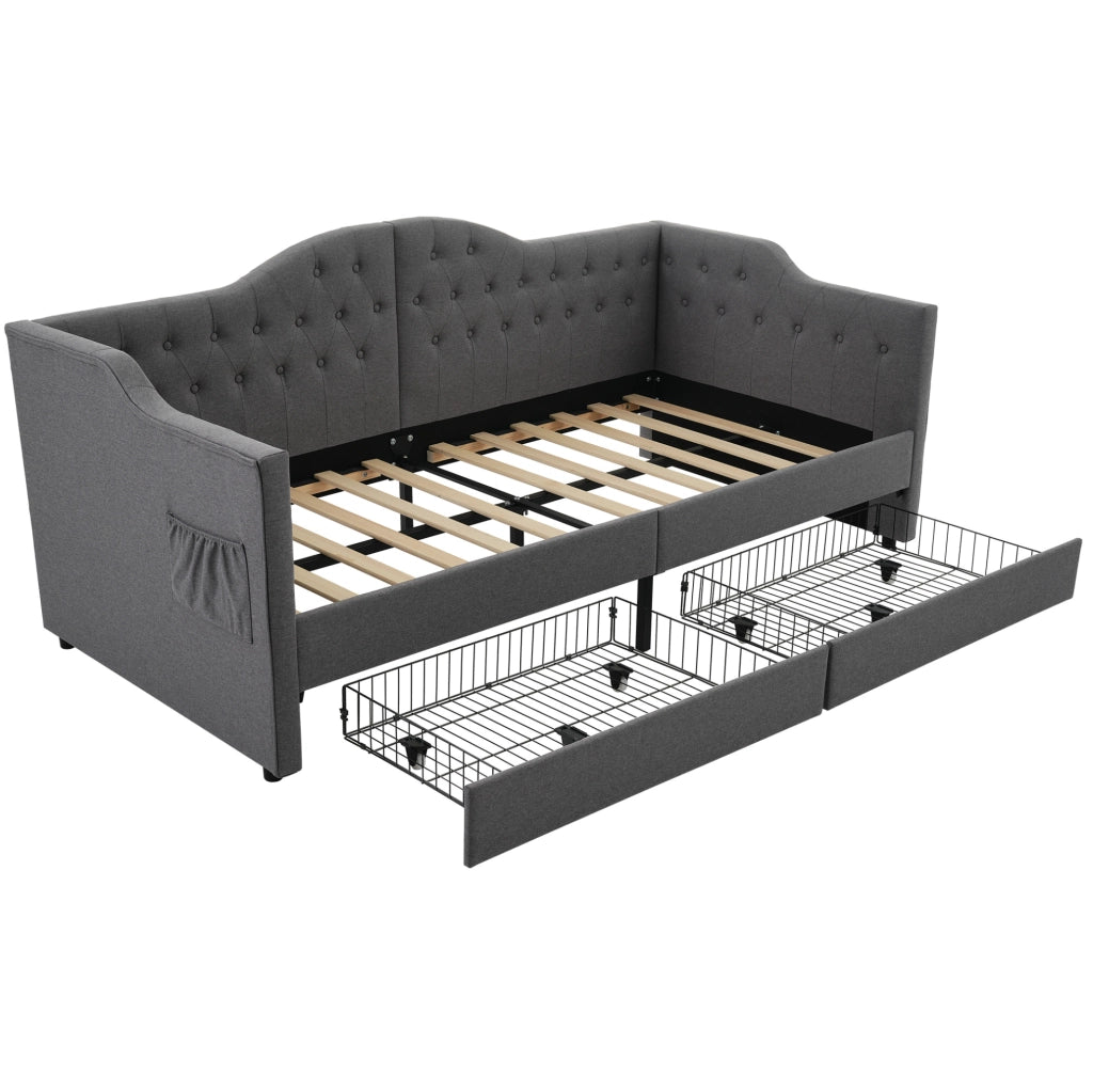 Letto singolo 90x190 cm con USB C e 2 cassetti; tessuto grigio
