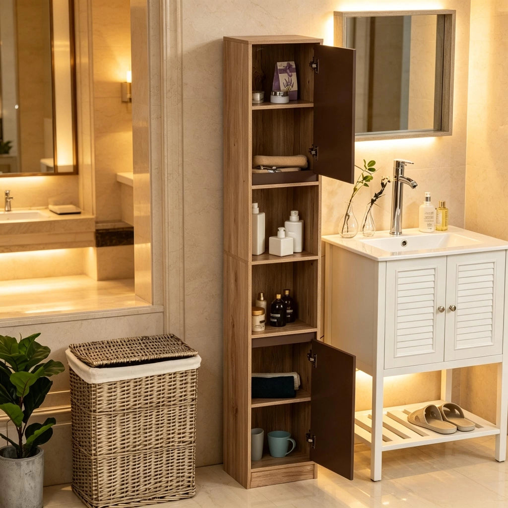 Armadietto da bagno alto e stretto con 2 ante, 2 vani aperti e ripiani regolabili, in MDF e truciolare, grigio rovere