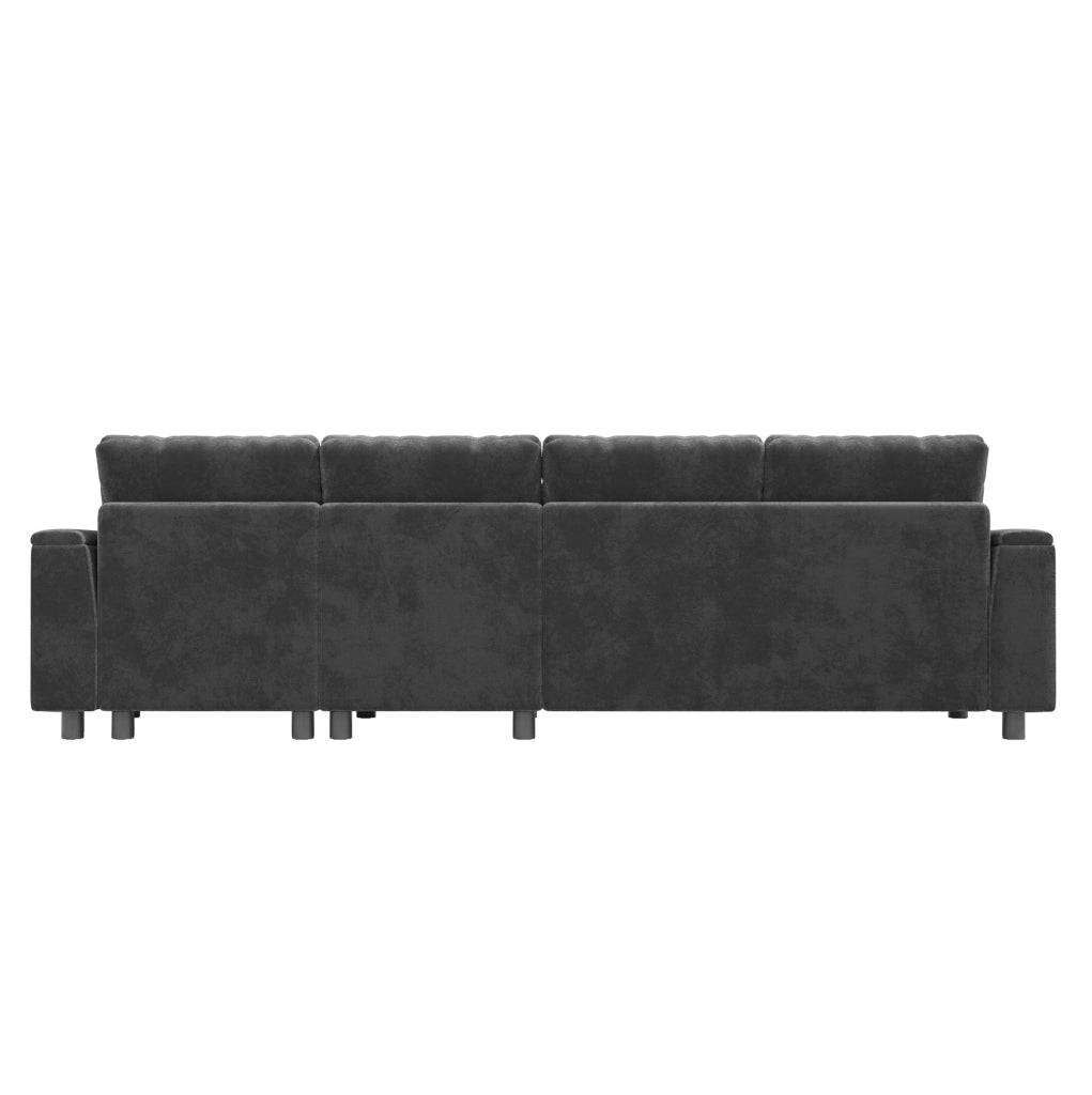 Divano a U in ciniglia con chaise longue contenitore; USB e Type-C; 279×135×84 cm; grigio