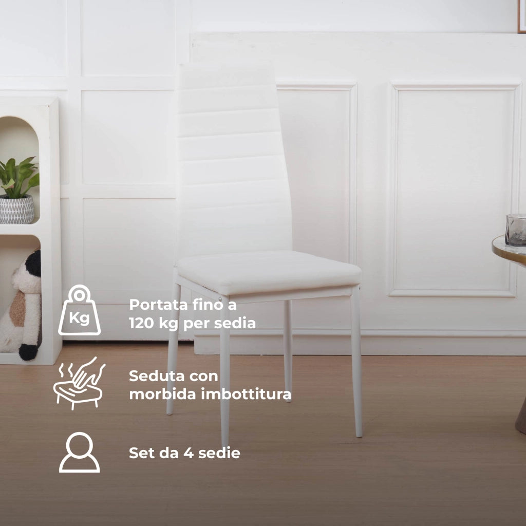 Set Sedie e Tavolo da Pranzo con Ripiano in Vetro Temperato e Sedia Imbottite in Similpelle Nera – Design Moderno, 4 o 6 Posti – Ideale per Cucina o Soggiorno   Bianco - 4 Posti